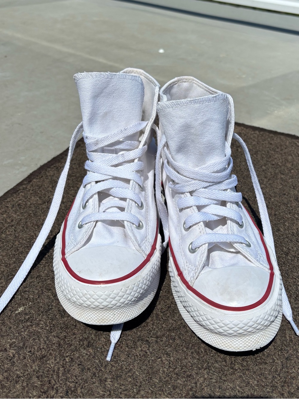Converse White Canvas High-Tops with Red Stripe